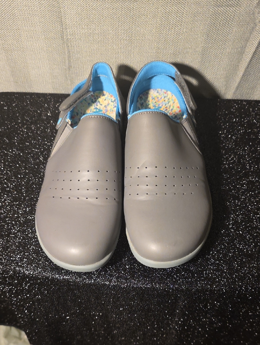 Alegria Gray Mules with Blue Trim